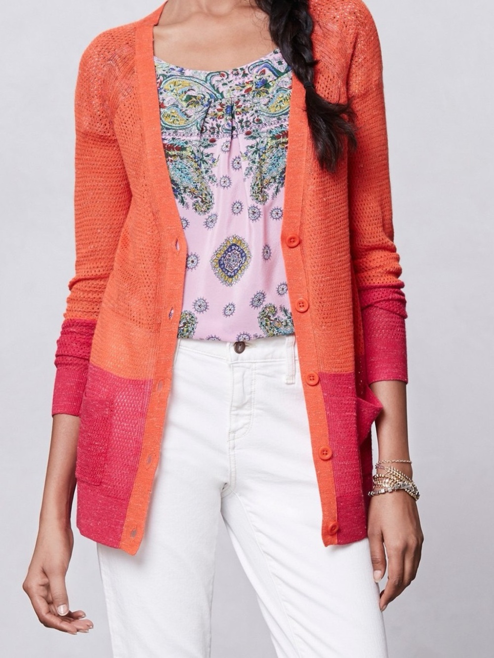 NWOT ANTHROPOLOGIE MOTH Orange & Pink Open Cardigan Sweater